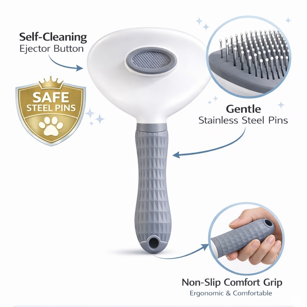Gentle Grooming Brush with Non-Slip Gray Handle